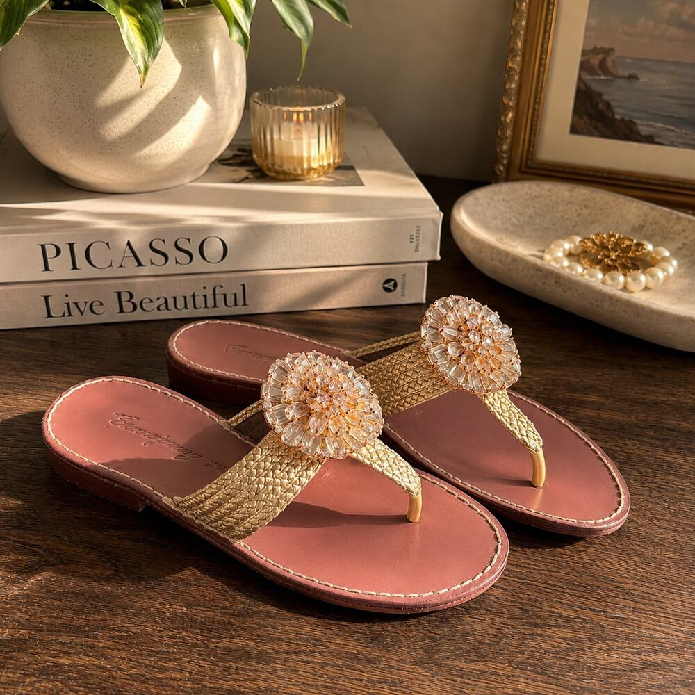 Y2K Beverly Feldman 7M Gold Crystal Flower Jeweled Thong Sandals